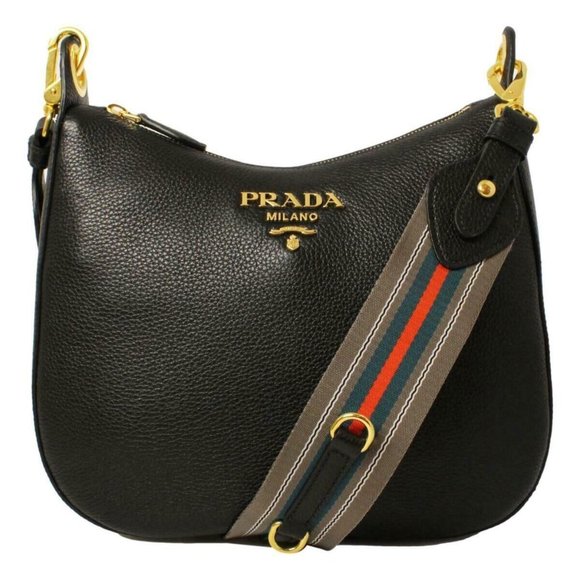 $3100~ New Prada 1BC166 Black Vitello Phenix Leather Web Stripe Strap Crossbody - Picture 1 of 11